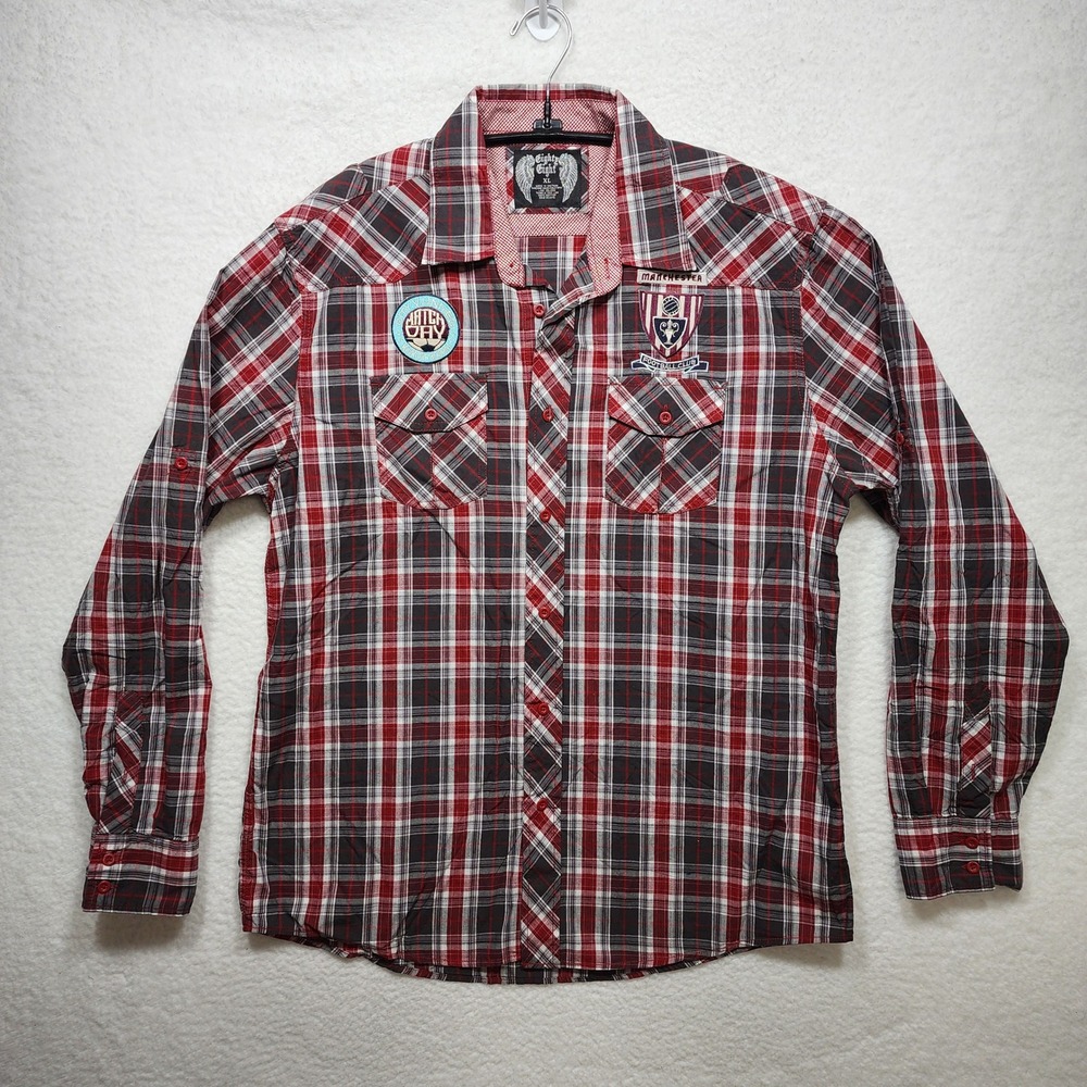 Eighty Eight Mens XL Plaid Button Down Shirt Manchester Football Club Patches
